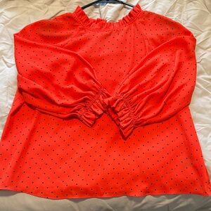 Red Polka Dot Ruffle-Neck Blouse with Gathered Cuffs